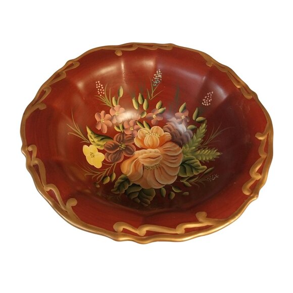 Maroon Tole Style Hand Painted Ceramic Bowl - Picture 2 of 9